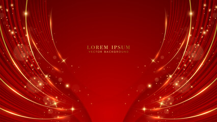 Wall Mural - red and golden lines curve shape with glitter light, and bokeh effects decoration on red background