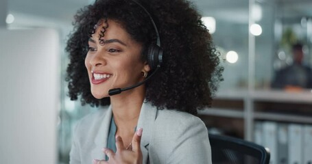 Poster - Computer, call center and funny woman in customer service, tech support and talk to contact at help desk. Communication, telemarketing and African sales agent laughing, consulting and crm advisory