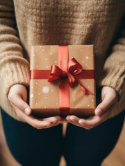 A partial photo of a child holding a Christmas present