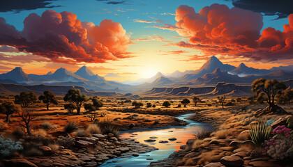 Wall Mural - Majestic mountain peak reflects sunset beauty in nature generated by AI