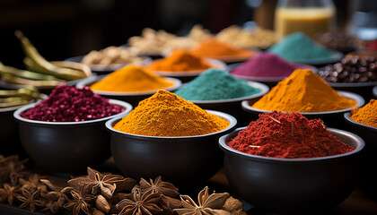 Sticker - Vibrant colors of Indian spices create a multi colored curry bowl generated by AI