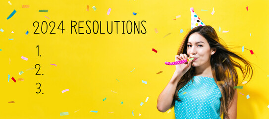 Aufkleber - 2024 Resolutions with young woman with party theme on a yellow background