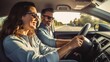 A woman is learning to drive a car witha driving instructor sitting next to her. Driving practice lessons on road. Driving school