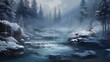 A secluded hot spring hidden in a snowy forest, steam rising gently in the cold air, creating a sense of natural serenity