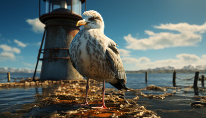 Poster - Seagull perching on jetty, watching sunset over tranquil seascape generated by AI