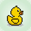 Duck in 8 bit pixel art. Cute Animal for game assets in vector illustration.
