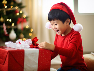 Wall Mural - A child was happy to receive presents at Christmas