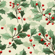 Christmas Watercolor seamless pattern with holly leaf and red berries created with Generative AI Technology