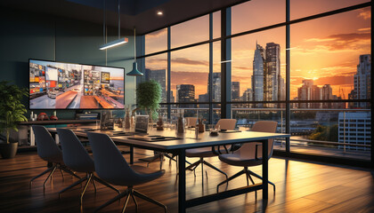 Wall Mural - Modern office with panoramic cityscape view through glass window generated by AI