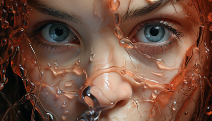 A young woman face, wet and smiling, looking at camera generated by AI