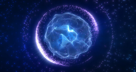 Fototapete - Abstract blue energy sphere from particles and waves of magical glowing on a dark background