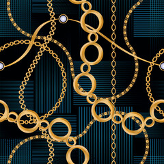 Poster - Seamless pattern decorated with precious stones, gold chains and pearls.	