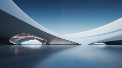 3d render of abstract futuristic architecture with empty concrete floor. Scene for car and motorcycle 