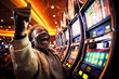 Ecstatic Man Celebrating Win at Casino Slot Machine