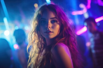 Portrait of young beautiful woman dancing in night club with lights.