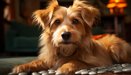 Sticker - Cute puppy sitting, looking at camera, fluffy fur, indoors generated by AI