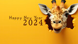 generated  illustration  of cute giraffe peeking out of a hole in yellowcracked  wall,  greeting 2024