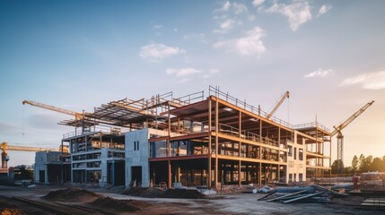 Wall Mural - Construction background: A Construction site of large residential commercial building, some already built, large metal structure with bright sky background.