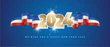 2024 New Year Concept Design Template With Golden Glitter 2024 Front On France Blue White Red Wavy Flag Ribbon. 2024 Premium Design Vector With Light Sparkle Firework Isolated On Blue Background