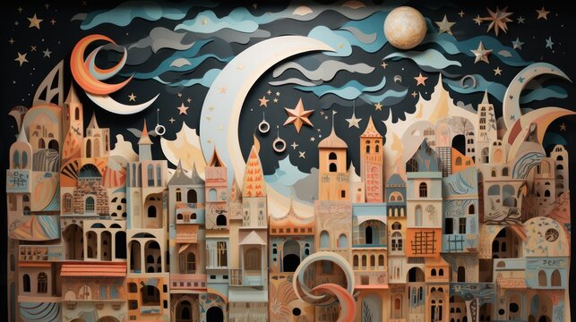 A Graphic paper of a fun party celebration background design. New Year greeting card with moon Gift box on pastel background. Whimsical paper collage, intricate textures, cut and paste