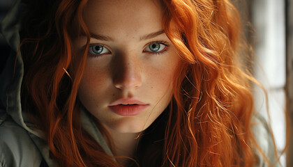 Poster - Young woman with long brown hair looking at camera outdoors generated by AI