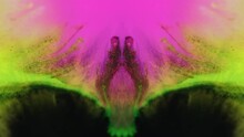 Paint Spill Abstract Background. Defocused Bright Neon Green Yellow Pink Black Color Ink Water Mix Flow Reveal Motion Symmetric Ornament Particles Art Texture.