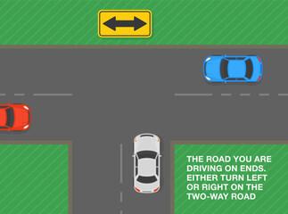 Wall Mural - Safe driving tips and traffic regulation rules. Two direction arrow sign meaning. Top view of traffic flow on T-junction. Flat vector illustration template.