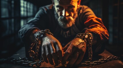 Wall Mural - Handcuffs, arrested criminal and black man with stress, worry and anxiety in police station for crime.