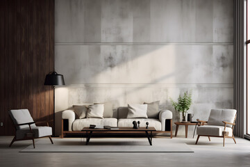 Wall Mural - Modern Living room with white furniture and cement walls, in the style of simplicity 