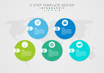Wall Mural - 5 steps infographic template Multi-colored circles with white letters in the middle Top icon in white circle Below the map below Gray gradient background designed for business, marketing, products.
