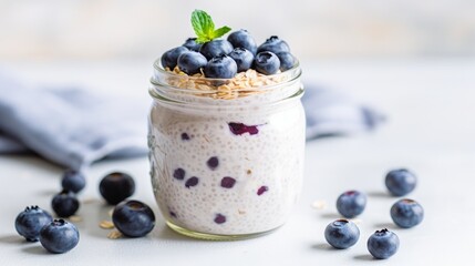 Wall Mural - Indulge in a delightful bowl of overnight oats infused with the tangy essence of lemon and bursting with juicy blueberries, elegantly presented on a sleek white marble countertop