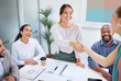 Business people, handshake and finance meeting in team for promotion, onboarding or welcome to company. Asian woman, shaking hands or happy for congratulations, hiring or thank you with deal in group