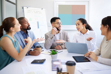 Poster - Business people, manager and collaboration in meeting for marketing ideas, planning and startup project on laptop. Professional women, men or employees with questions, teamwork and group proposal