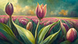 field of tulips against. Spring banner vector illustration.
