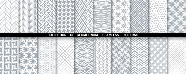 Geometric set of seamless gray and white patterns. Simple vector graphics.