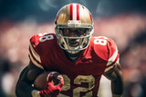 Fototapeta  - Close-up of professional American football player running with the ball across the stadium field. Determined, powerful, skilled African American athlete ready to win the game. Blurred background.