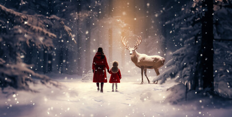 Wall Mural - deer in the night, people walking in the snow, deer in the water, deer in the snow, 