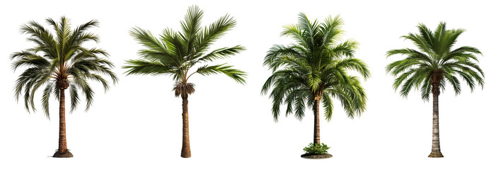 Design element isolated for layout on transparent background. Set of tropical palm trees (сoconut, sugar, аcai, date) 3D realistic jungle plant. 