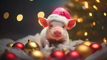 Christmas And New Year Holidays Concept. Cute Pig In Santa Claus Red Hat. AI Generated.