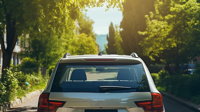 Closeup rear glass window of a car parked on street on summer sunny day, rearview. Mockup empty copy space for stickers or decals