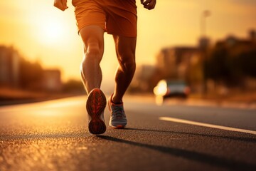 Wall Mural - Close-up low angle shot of man's legs wearing sneakers backlit by rising sun. Athlete running along the morning city street. Everyday morning jog, healthy lifestyle in urban environment.