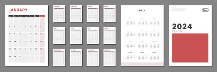 Wall Mural - Set of Monthly pages Calendar Planner Templates 2024-2025 with note for wall or desk with Cover and place for Photo, Logo in grey and red color. Pages for size A4 in vector with week start Monday.