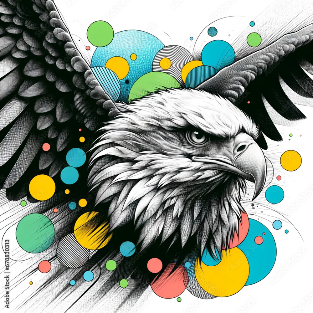 Graphic portrait of a majestic eagle in flight with wings spread wide ...