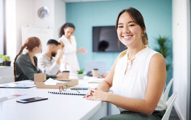 Poster - Office, meeting and portrait of business Asian woman for conversation, collaboration and discussion. Corporate, company and face of person with staff for teamwork, planning and project feedback