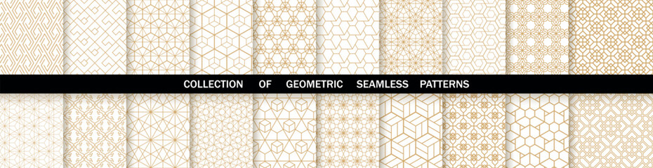 Geometric set of seamless gold and white patterns. Simple vector graphics