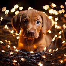 Adorable Vizsla Puppy With Christmas Lights On Background.