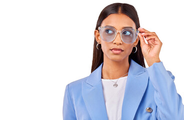 Sticker - Thinking, face of woman with sunglasses and creative style isolated on transparent png background. Business, ideas and young professional with modern fashion, trendy cool glasses and work clothes.