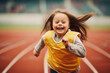 © Artbotics - A joyful girl with Down syndrome running on a track, her hair flying back, she's wearing a yellow vest