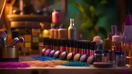 Wall Mural - Makeup cosmetics on a table in a studio. Beauty industry background. AI generated.