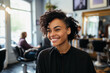 An attractive and lively young female teenager with a cool haircut smiles after getting a new look at a barbershop. Generative AI.